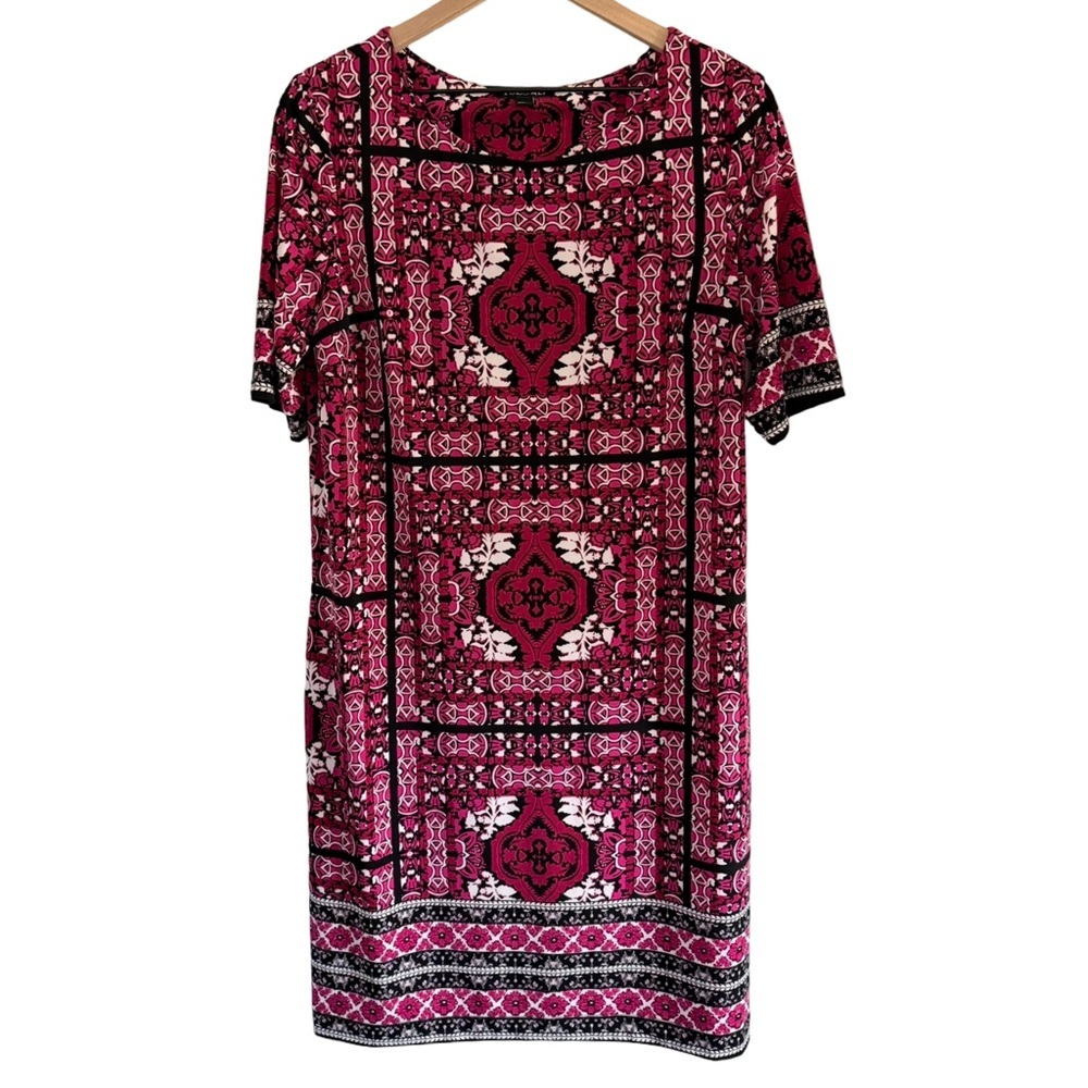 Roz & Ali Printed Shift Dress – Pink & Black | Size Large